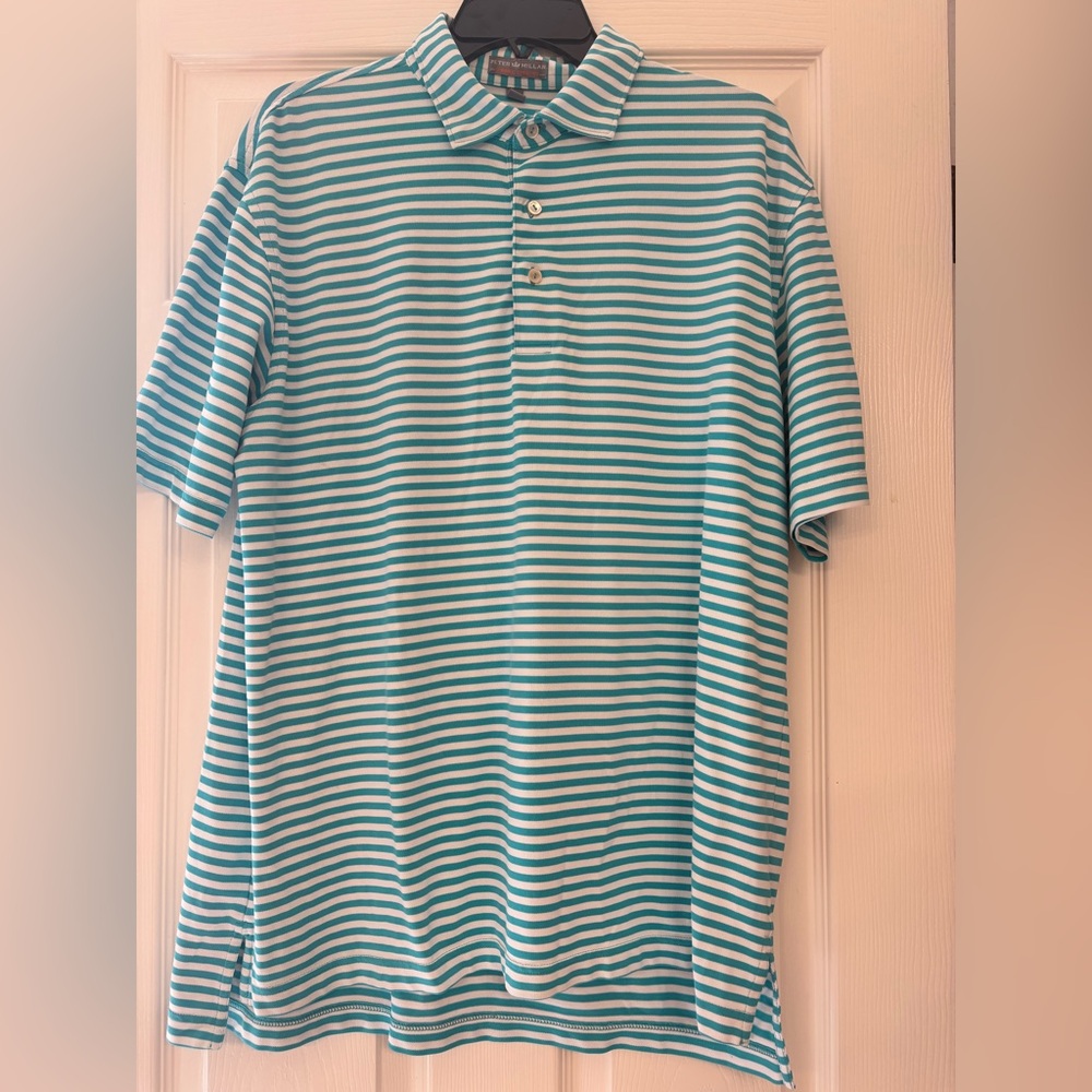 Peter Millar Teal and White Striped Polo